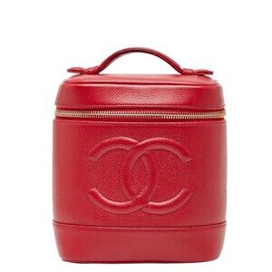 CHANEL Red Caviar Leather Logo Vanity Bag